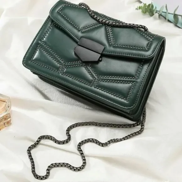 New Rocker Green Vegan Leather Studs Handbag Purse Inspired Trending - Picture 7 of 9
